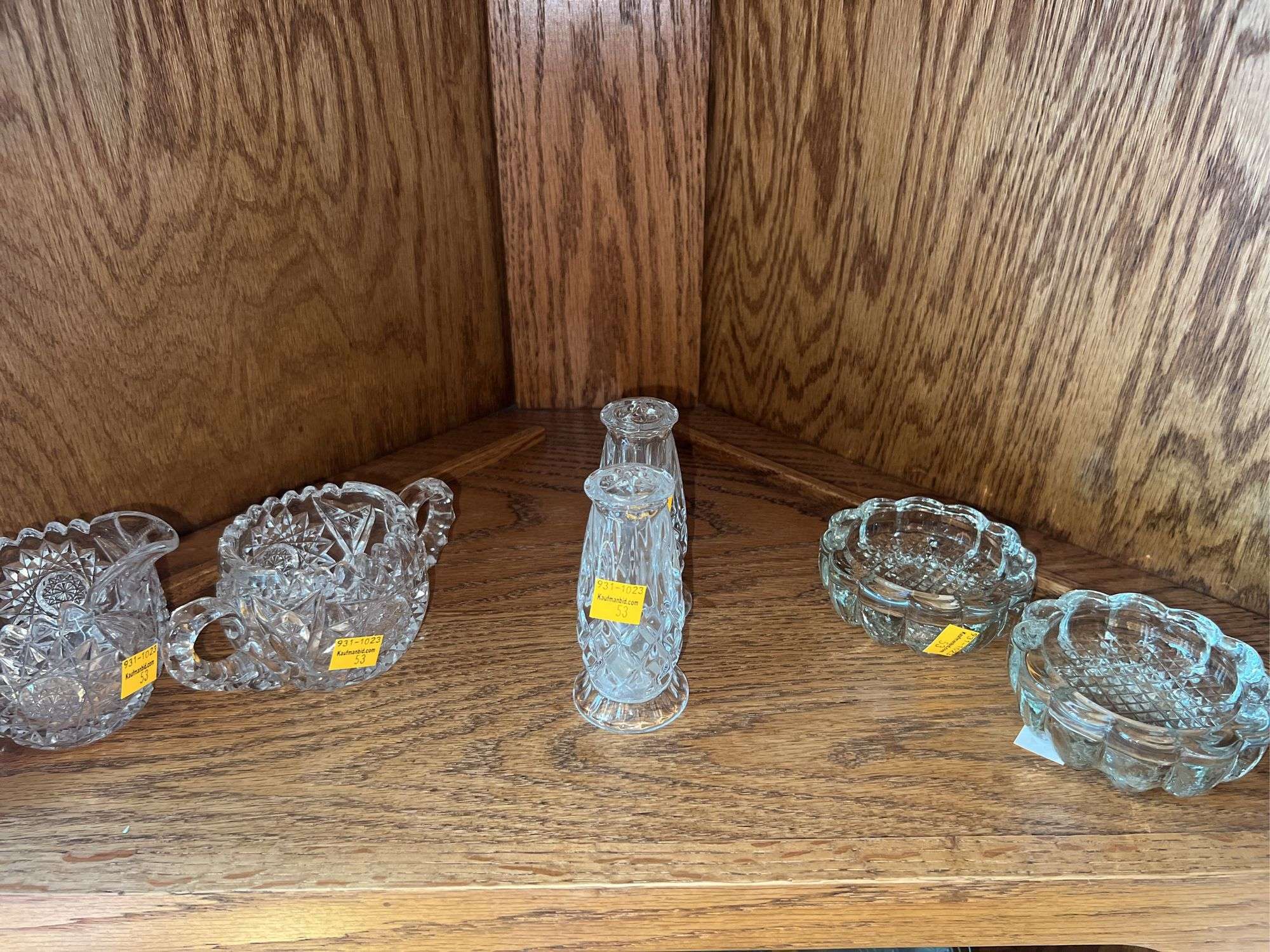 (2) Crystal Cut Glass Creamer and Sugar Set, (2) Crystal Cut Glass Salt and Pepper Shakers, (2) Glas