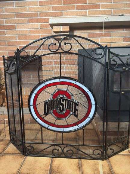 OHIO STATE STAINED GLASS FIREPLACE SCREEN, FIREPLACE TOOLS, COAL BUCKET