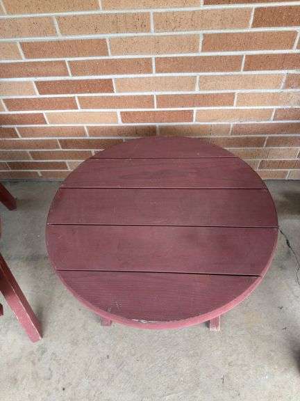 WOODEN PATIO SET OF TWO CHAIRS AND TABLE WITH CHAIR COVERS