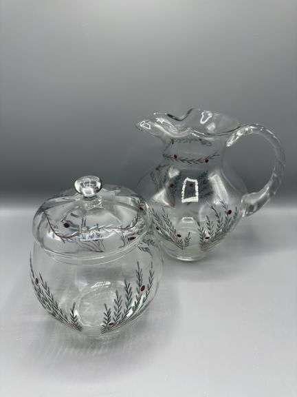 CRYSTAL CLEAR CELEBRATIONS JUNIPER COLLECTIONS ROMANIA GLASS PITCHER AND COOKIE JAR