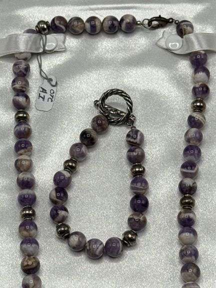 SILVER AND AMETHYST BEADED NECKLACE AND MATCHING BRACELET