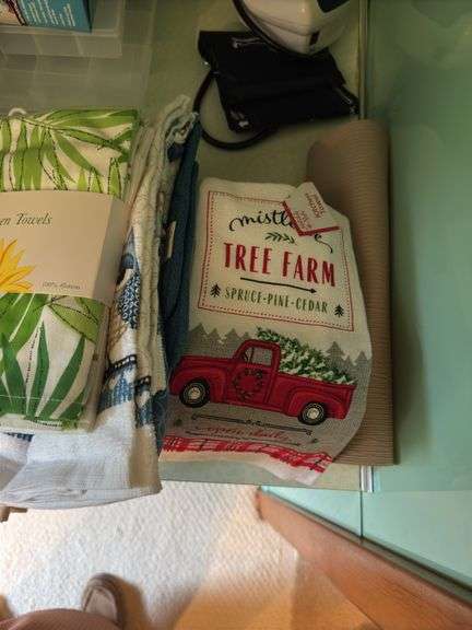 CONTENTS OF COUNTER TOP, TEA TOWELS (SOME NEW), CANDLES,