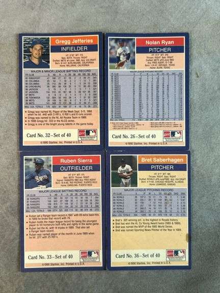 Bret Saberhagen, Ruben Sierra, Nolan Ryan, Gregg Jeffries Starline Baseball Cards