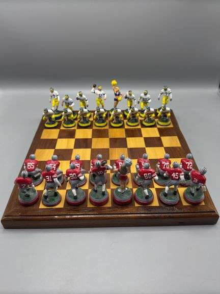 CUSTOM OHIO VS MICHIGAN CHESS SET WITH HEAVY LEAD CHESS PIECES AND WOOD CHESS BOARD