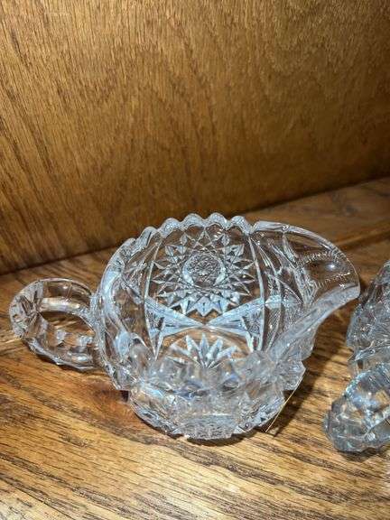 (2) Crystal Cut Glass Creamer and Sugar Set, (2) Crystal Cut Glass Salt and Pepper Shakers, (2) Glas