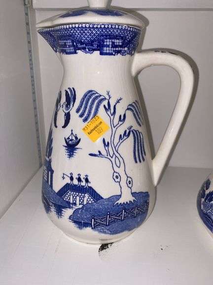 Ironstone Blue and White Transferware Tureen, Candlestick Holder and Pitcher