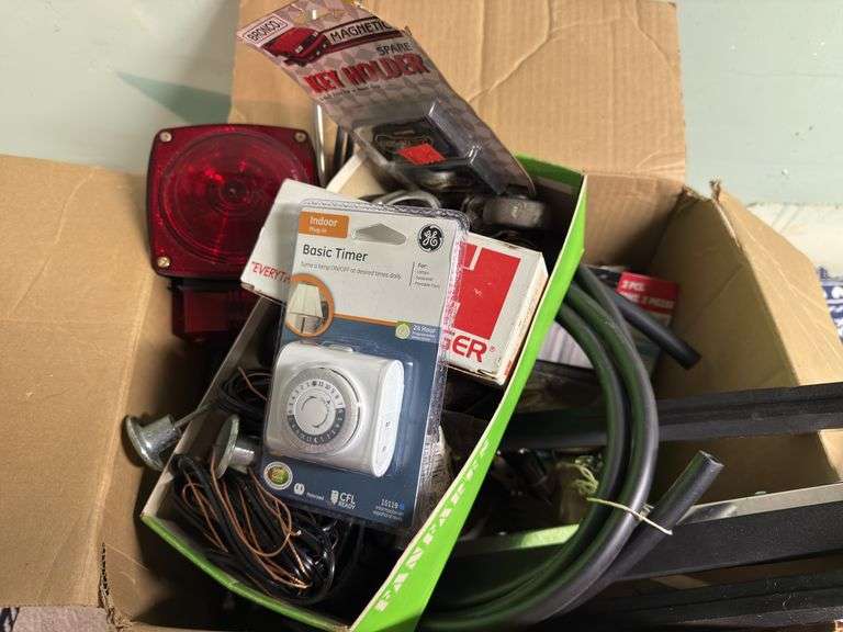 ASSORTMENT BOX WITH TAIL/BRAKE LIGHT, WIRING, GLASS SQUEEGEES, CASTERS, RADIO ANTENNA AND MORE