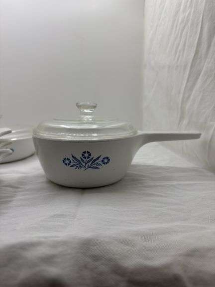 CORNINGWARE BLUE CORNFLOWER FRYING PANS, MINI CASSEROLE DISHES