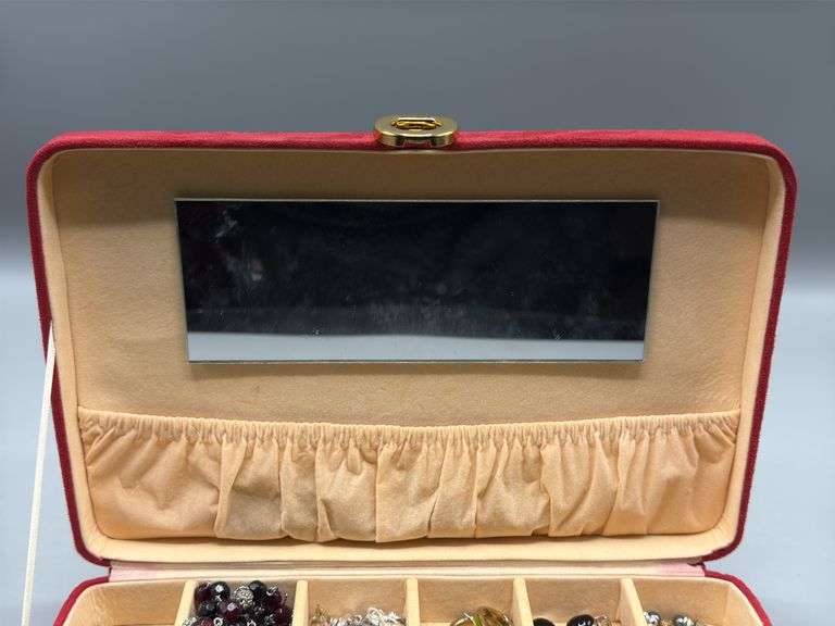 RED SUEDE JEWELRY BOX WITH CONTENTS OF EARRINGS, BRACELTS, BEADED NECKLACES