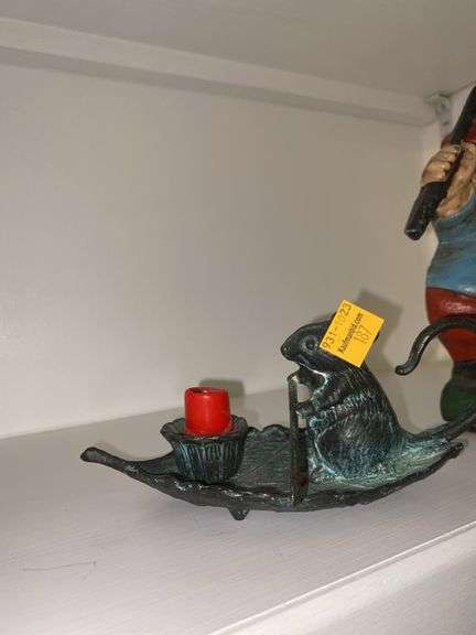Cast Iron Golfer Figure and Cast Iron Mouse Candlestick Holder
