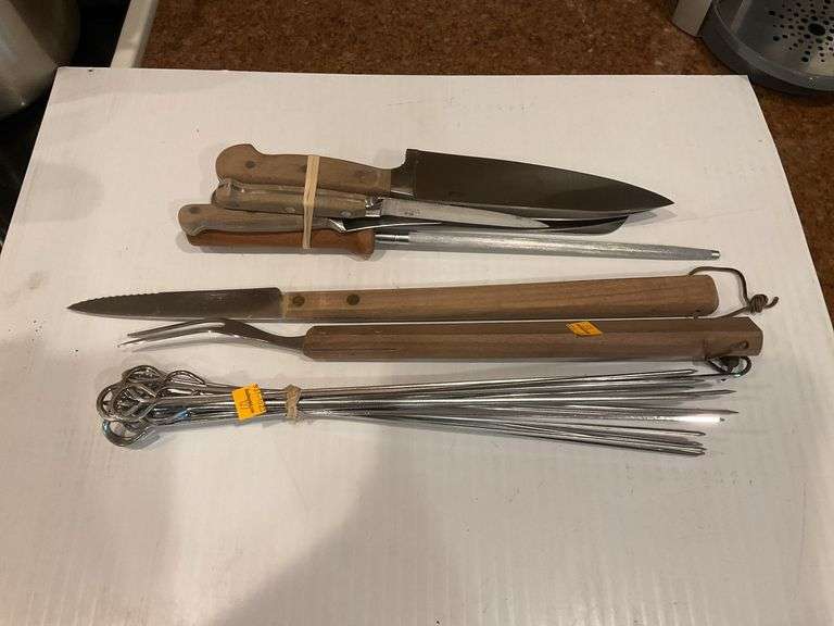 Assortment of Kitchen Knives, Skewers, Grilling Utensils