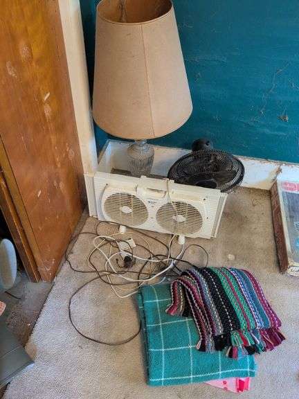 Lamp, (2) fans, rug, blanket, and more
