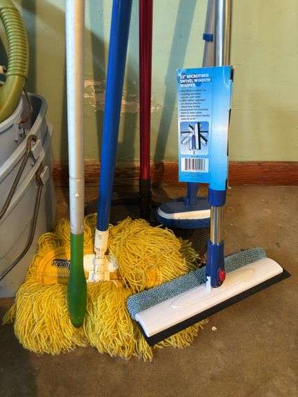 CLEANING SUPPLIES, MOPS, SWIVEL WINDOW WASHER, 2 GAL. BUCKETS, WATERING CAN