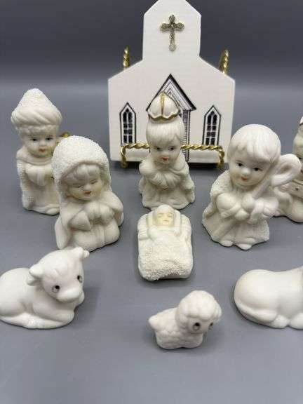 SNOW-BABY STYLE NATIVITY SET AND WOODEN OTTERBEIN U.M. CHURCH COLLECTIBLE