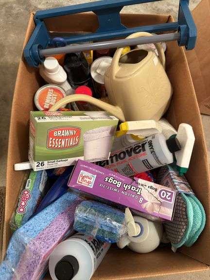 BLACK & DECKER QUICK-PRESS IRON AND BOX OF CLEANING SUPPLIES