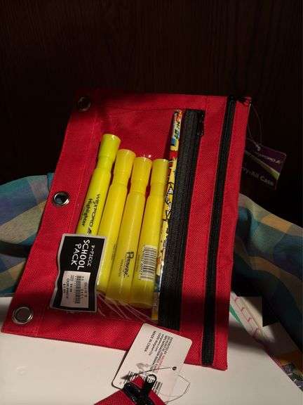 BASKET OF OFFICE SUPPLIES INCLUDING ORGANIZERS, FILES, FOLDERS, PAPER, MARKERS, PENCILS