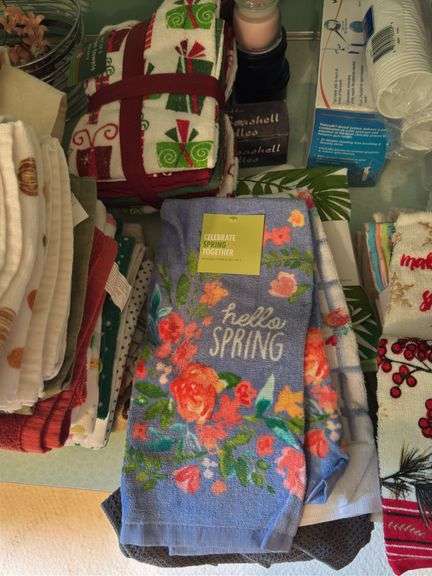 CONTENTS OF COUNTER TOP, TEA TOWELS (SOME NEW), CANDLES,