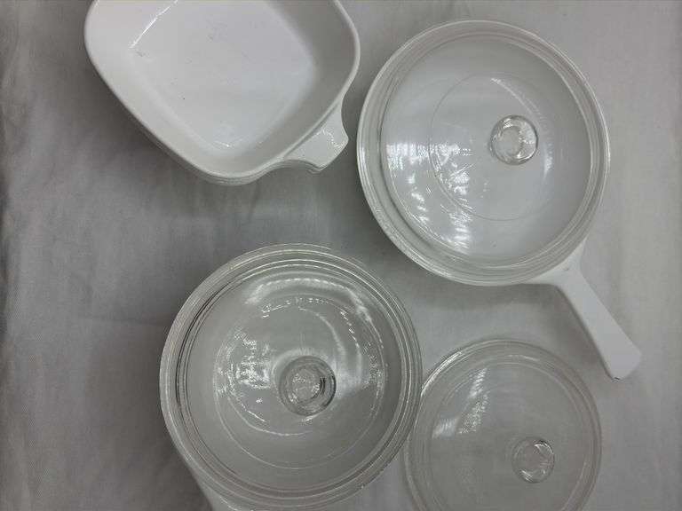 CORNINGWARE BLUE CORNFLOWER FRYING PANS, MINI CASSEROLE DISHES