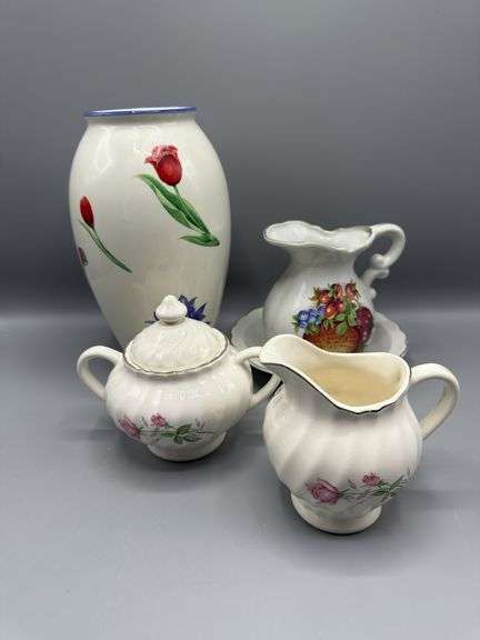 VARIETY OF PITCHERS, VASES, AND SUGAR BOWL