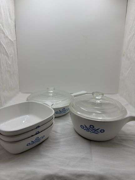 CORNINGWARE BLUE CORNFLOWER FRYING PANS, MINI CASSEROLE DISHES