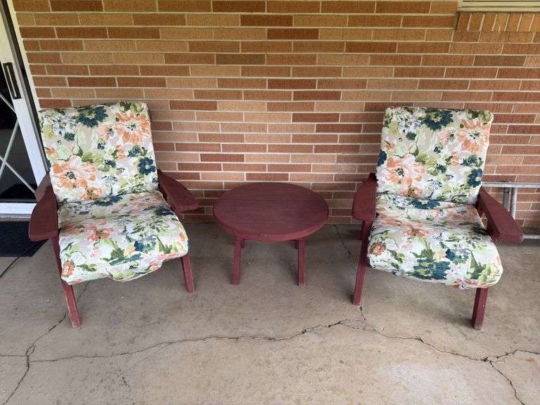 WOODEN PATIO SET OF TWO CHAIRS AND TABLE WITH CHAIR COVERS