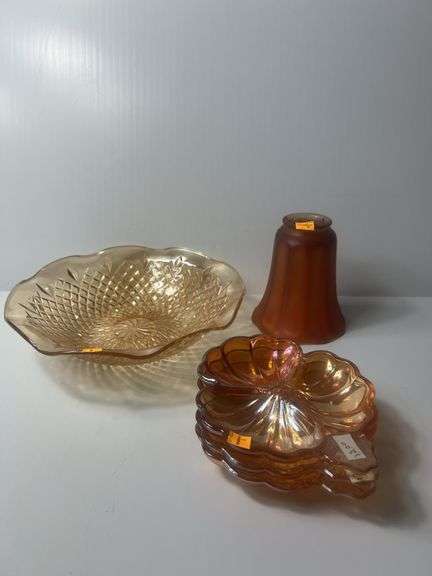 Marigold Carnival Glass- Diamond Quilt Bowl, Doric Iridescent Clover Dish, Lamp Shade