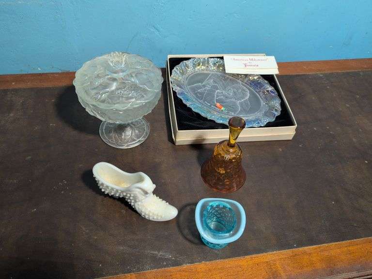 Fenton pieces, Fostoria plate, and other