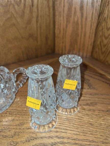 (2) Crystal Cut Glass Creamer and Sugar Set, (2) Crystal Cut Glass Salt and Pepper Shakers, (2) Glas