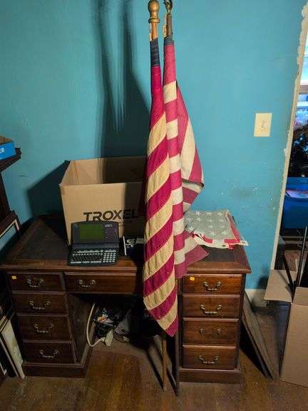 (3) American flags, shelving pieces, and other items