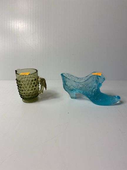 Fenton Blue Glass Shoe, (Possibly) Fenton Green Hobnail Mini Pitcher