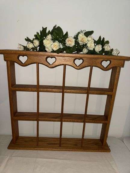 OAK WALL SHELVING/DISPLAY RACK, WOOD AND GLASS WALL ART, WOOD RACK WITH ANIMAL FIGURINES