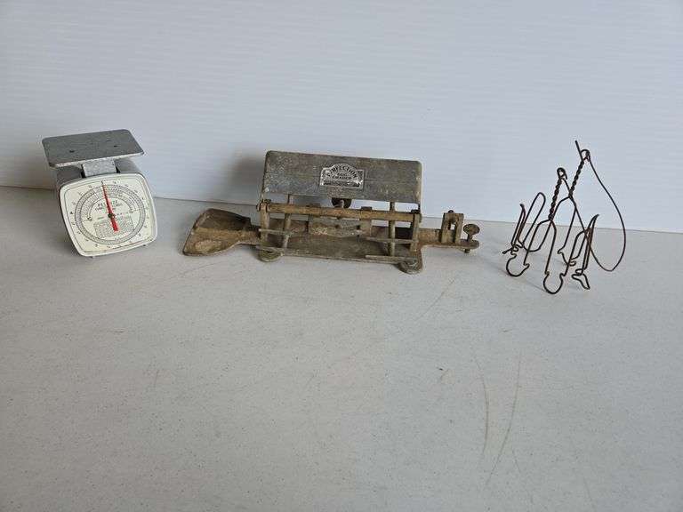 Vintage egg grader, jar caddy, & scale