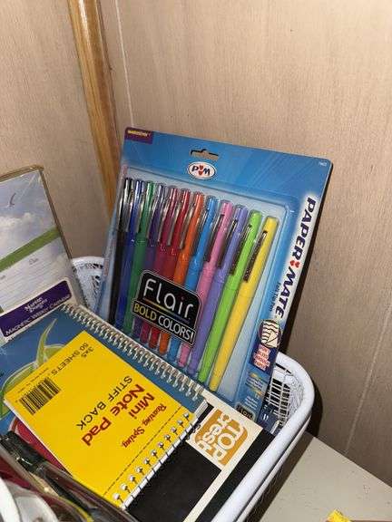 OFFICE SUPPLIES: ORGANIZER BASKETS, SCISSORS, PENS, PENCILS, MARKERS, NOTEPADS, STAPLER