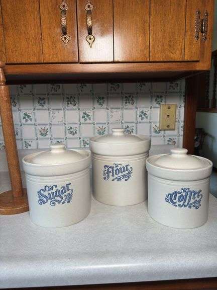 PFALTZGRAFF CANISTER SET, PAPER TOWEL HOLDER, SMALL CRACK AND CHIP ON 2 OF THEM (PICTURED)