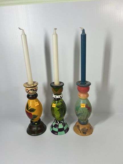 (3) Handpainted Candlesticks and Candles, Unsure of Brand