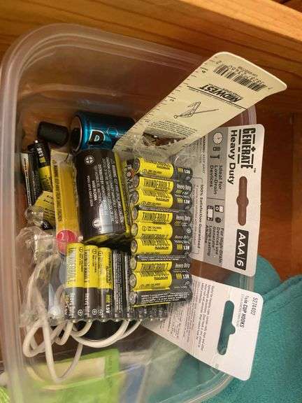 Contents of 2 drawers - tools, tape, batteries, and more