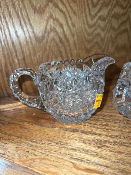(2) Crystal Cut Glass Creamer and Sugar Set, (2) Crystal Cut Glass Salt and Pepper Shakers, (2) Glas
