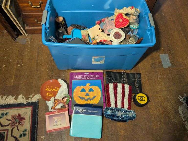 Tote of knick knacks and decorative items