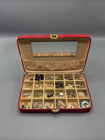 RED SUEDE JEWELRY BOX WITH CONTENTS OF EARRINGS, BRACELTS, BEADED NECKLACES