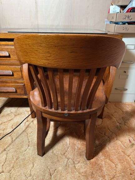 VINTAGE OAK DESK WITH MATCHING WOODEN DESK CHAIR