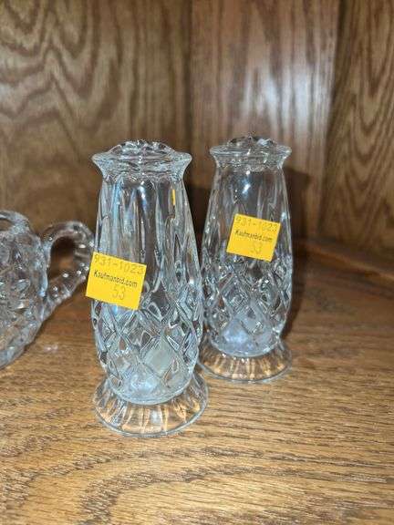 (2) Crystal Cut Glass Creamer and Sugar Set, (2) Crystal Cut Glass Salt and Pepper Shakers, (2) Glas