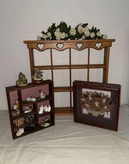OAK WALL SHELVING/DISPLAY RACK, WOOD AND GLASS WALL ART, WOOD RACK WITH ANIMAL FIGURINES