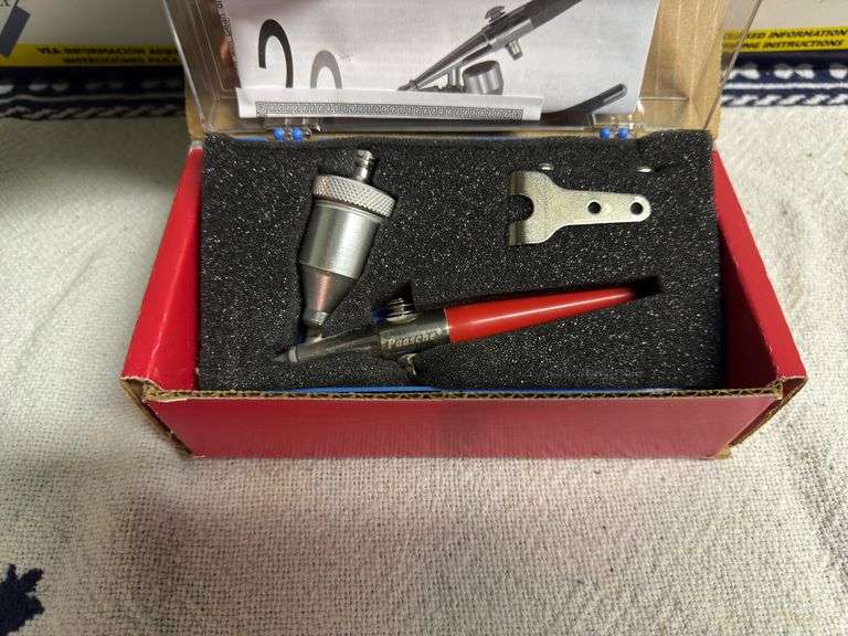 VARIETY OF VINTAGE 14” TILE CUTTER, PAASCHE AIRBRUSH, POWER STAKE, STATUARY PUMP,