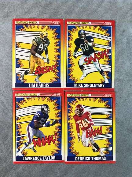 (4) Crunch Crew SCORE Football Cards( Mike Singletary, Tim Harris, Derrick Thomas, Lawrence Taylor)