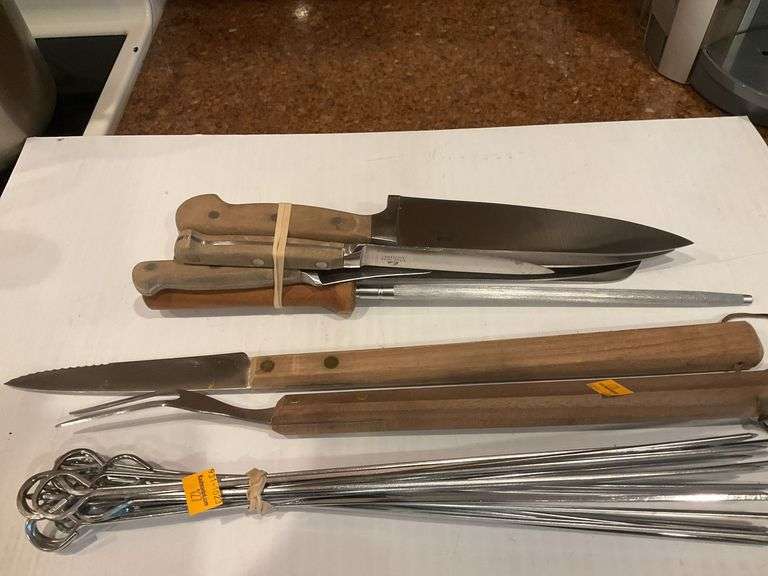 Assortment of Kitchen Knives, Skewers, Grilling Utensils