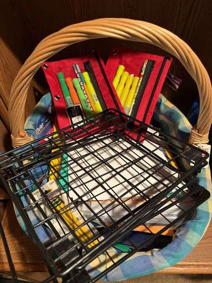 BASKET OF OFFICE SUPPLIES INCLUDING ORGANIZERS, FILES, FOLDERS, PAPER, MARKERS, PENCILS