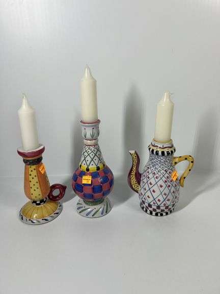 (3) Unmarked Ceramic Candle Holders and Candles