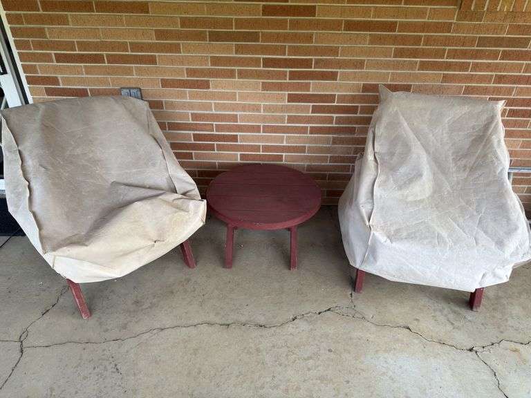 WOODEN PATIO SET OF TWO CHAIRS AND TABLE WITH CHAIR COVERS