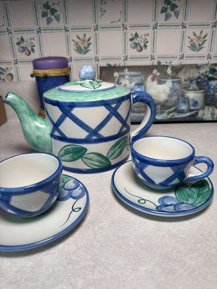 MIKASA TEA PITCHER AND TEA CUPS, BOWL, WALLART, BASKET BY ROYCE CRAFT,CANDLE