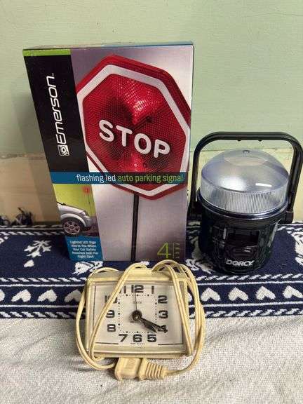 VINTAGE CLOCK, BATTEY LANTERN, EMERSON FLASBING LED PARKING SIGNAL
